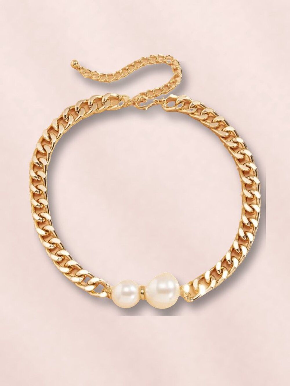 Gold Plated Chunky Cuban Chain Choker with Big Faux Pearls, 14 in + 4 in NWT